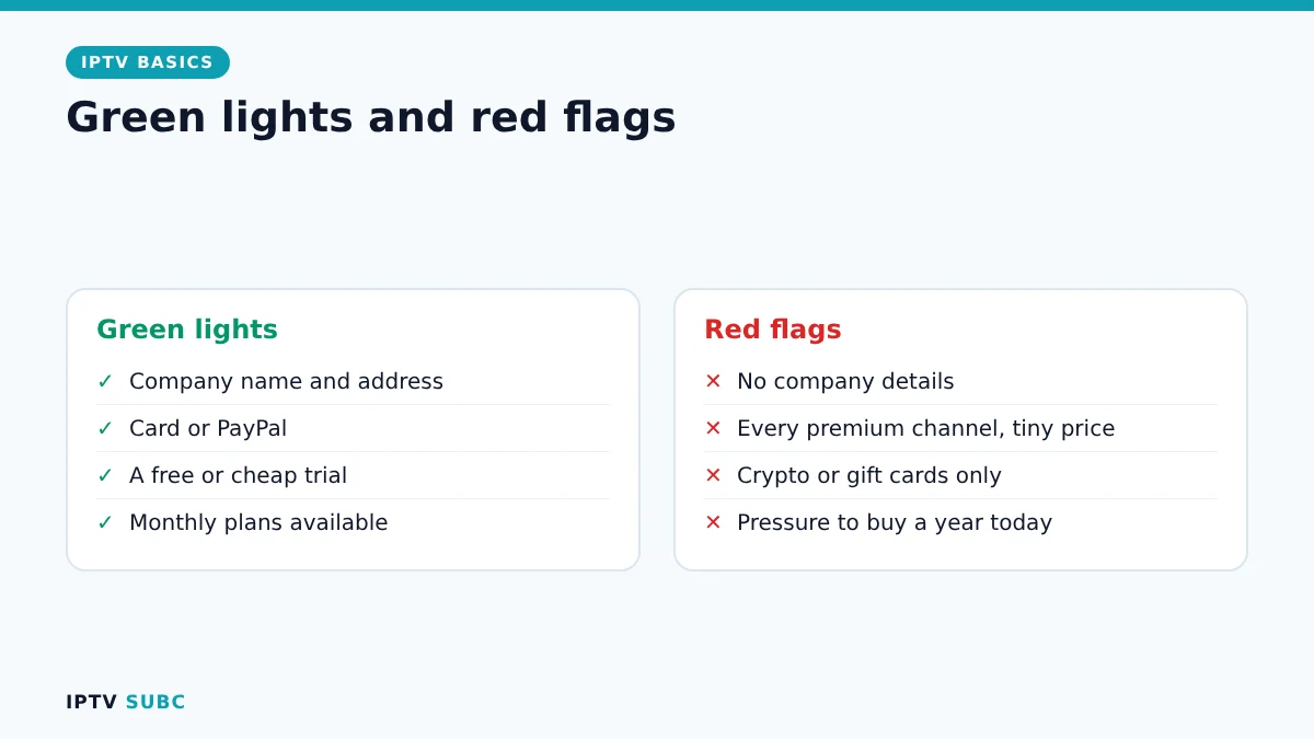 How to choose an IPTV provider: red flags such as no company details and crypto-only payment