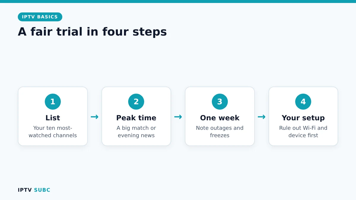 Choose an IPTV provider with a fair trial: channel list, peak time, one week, rule out your setup
