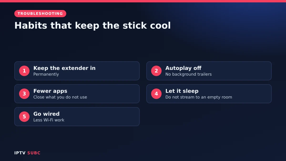 Prevent Fire TV overheating: keep the extender, autoplay off, fewer apps, let it sleep, wired connection