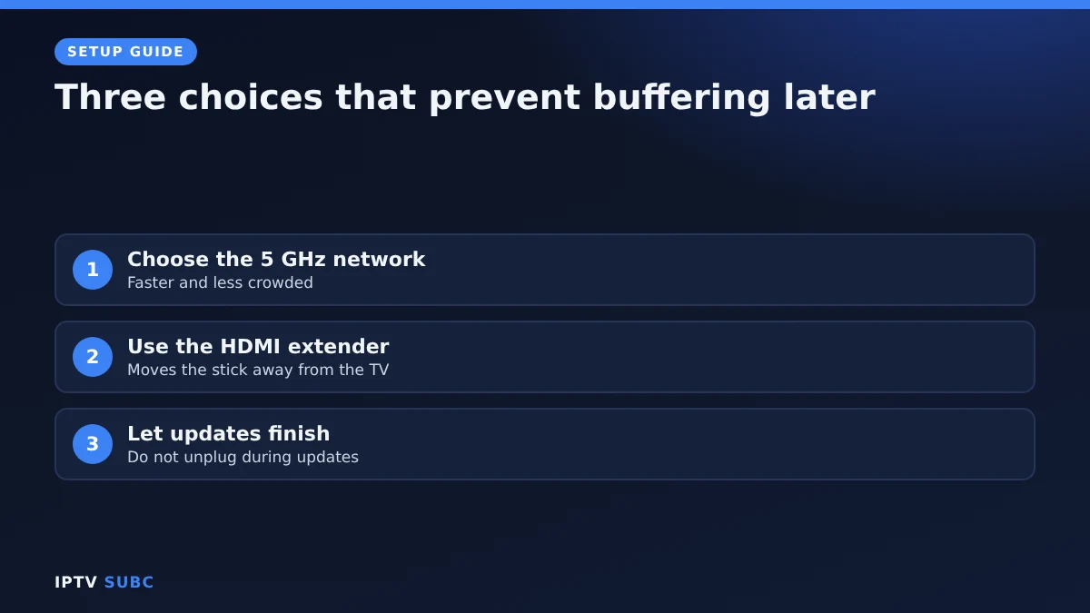 Fire TV Stick setup Wi-Fi tips: choose 5 GHz, use the HDMI extender, wait for updates to finish