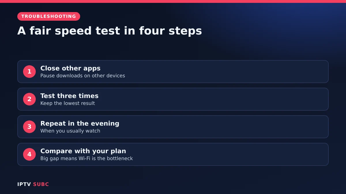 Fair speed test on Fire TV: close apps, test three times, repeat in the evening, compare with your plan