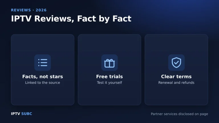 IPTV reviews fact by fact: facts linked to the source, free trials, clear renewal and refund terms