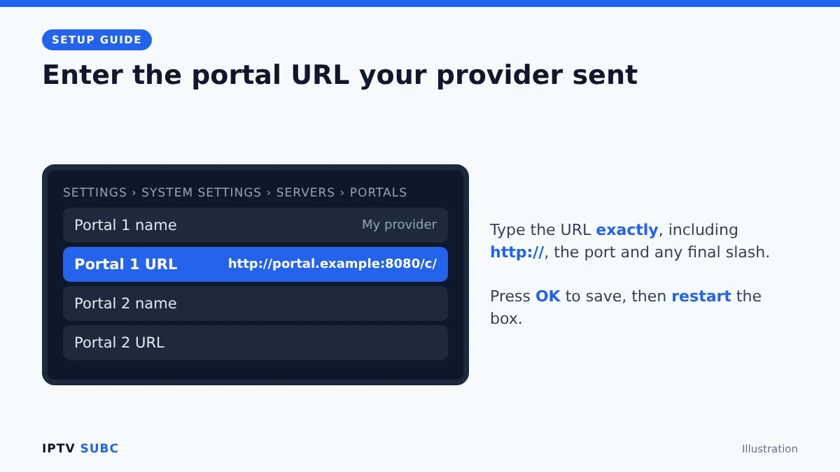 MAG box IPTV setup: Settings, System settings, Servers, Portals, Portal 1 name and Portal 1 URL
