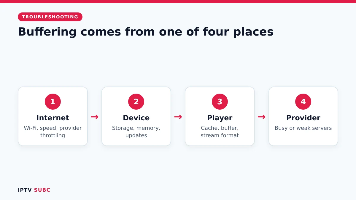 IPTV buffering causes: Wi-Fi and internet, device, player app and provider servers